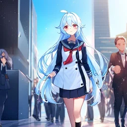 Clear focus, High resolution, long fluffy light blue hair, hair between eyes, long locks, wearing a sailor uniform, wearing a sailor skirt, long black socks, 1girl, cartoon, cute, UNFOTABLE studio, red tie, walking, outside setting