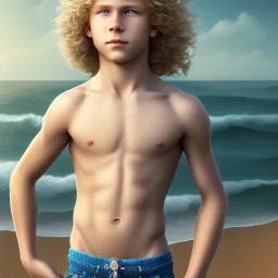 intricate, sharp focus, highly detailed, photorealistic, full body image of a beautiful 12 year old boy with long, blonde curly hair and light blue eyes, smiling, shirtless, in front of an distant beach