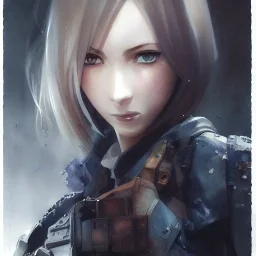 realistic female anime character, water color painting, in style of "Left alive", trending on artstation, sharp focus, studio photo, intricate details, highly detailed, by greg rutkowski