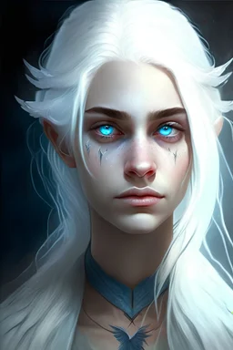 hauntingly beautiful character for dnd, young woman with white hair and blue eyes, angel