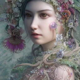 Insanely detailed photograph of an “portrait of gorgeous spring goddess ” with intricate hair, intricate embroidered dress, beautiful clear face and hyperdetailed painting by Ismail Inceoglu Huang Guangjian and Dan Witz CGSociety ZBrush Central fantasy art album cover art,8K, hdr, romantic, mysterious, ominous, beautiful flowers, jewelry, comfort, natural eyes, "arms open for embrace", naked