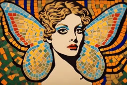 psychedelic painting of Psyke depicted in ancient mosaic art as a butterfly-winged woman by andy warhol