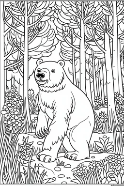 a brown bear in a charming European woodland., clean line art, monochrome, for kids coloring book