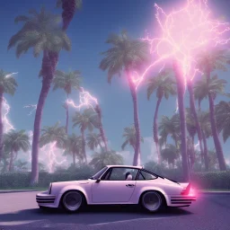 1980's aesthetic vaporwave palm trees and spheres and Porsche with lightning