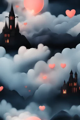 3D Bubbles, Floating hearts with an electrical current, fog, clouds, somber, ghostly moutain peaks, Count Dracula's Castle, a flowing river of volcanic Lava, fireflies,