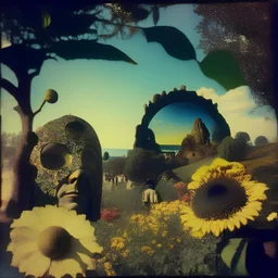 High definition polaroid photo of a marvelous landscape, trees, flowers, giant sun, people wearing masks, intricate, rock formations, atmosphere of a Max Ernst painting, Henri Rousseau, thoughtful, interesting, a bit appalling, smooth