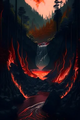 صورة غابة كثيفة فيها نهر من الحمم البركانية واسد يشرب منه