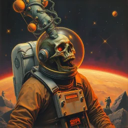 Hydraulic zombie astronaut, can't hear you scream in space, by Dave McKean, inspired by the nightmare paintings of Beksinski, by Wassily Kandinsky, gnostic tragedy, sinister, warm colors