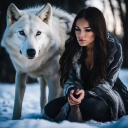 Beautiful young woman kneeling in front of a large white alpha wolf