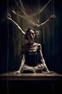 a surreal abstract image of a woman seated on a table, she is connected to string like a puppet, arms in air, moved by the strings, puppet like features in the face, beautiful face, looks desperate to break free, behind her is a huge image of a man holding the strings, creepy character,.zoomed in, dark and shadowy background with selective lighting on the woman