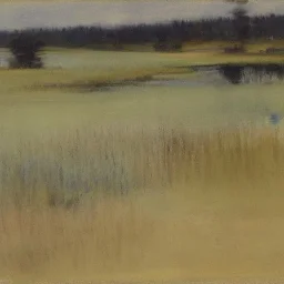 twachtman, painting, marsh, pine trees, swamp, hills, photo realistic