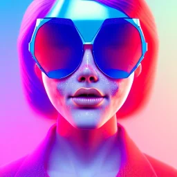 redhead woman teenager, freckles, big minimal sunglasses, padded coat, retro futuristic, latex dress, gradient color, BLUE, PINK, CYAN, neon, insanely detailed, 16k resolution, perfect eyes, cinematic smooth, intricate detail