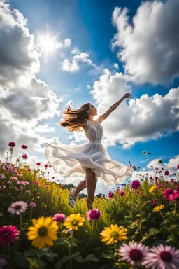 romantic environment heaven flowers clear nice clouds ,young girl gracefully dancing and presenting her joy and youth ,full body shot,sharp focus, surreal environment