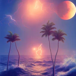 1980's vaporwave aesthetic palm trees with lightning with lunar eclipse moon crescent in the ocean waves sunset