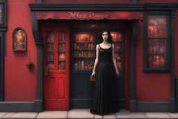 Photorealistic image of a slender, young woman with dark hair, in a witchy, black dress, no hat, leaning back against a shop door with red-painted, large, multi-paned windows on either side of a red-painted multi-paned door. Walls made of brick. The shop is selling magic gifts and trinkets. Large sign over the door.