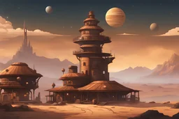 space western town with a large tower in a sci-fi world with planets in the sky