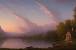  8k, detalied, hudson river school, mountains, river, atmospheric perspective, victorian house, pink clouds