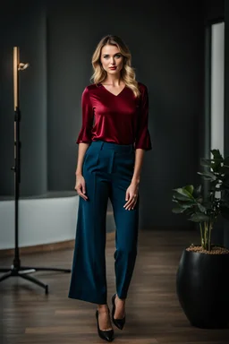 fullbody shot of young-beautiful-german girl-with-a-perfect-face-with-make-up-wearing- blue top and dark red pants standing , prophesional photography studio