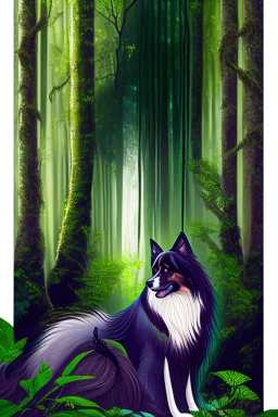 In the heart of a dense and enigmatic forest with towering ancient trees cloaked in emerald foliage stood a bewitching sorceress possessing an ethereal allure her lustrous hair cascading in ebony waves down to her slender waist that turns into roots In the background a faithful companion a majestic canine of Belgian shepherd lineage roamed at her side its eyes illuminated by an otherworldly crimson glow exuding an aura both mysterious and demonic