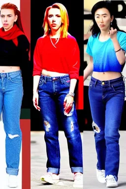 baggy jeans. Fashion colors 2023. Scarlett Johansson and Alina Li, shimmer. Blocks/squares/bars of fashion colors in the background of the image. Cool fashion outfit for the year 2023