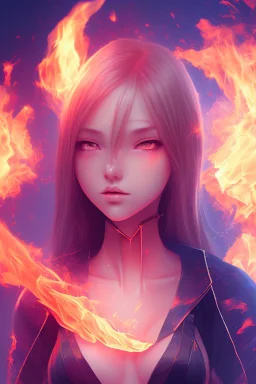 3d misterious Anime girl close and personal in fire background