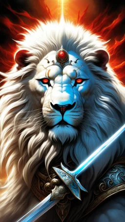 A powerful white lion with one blue eye and one red eye in the middle of the image and a sun and sword in the background of the image