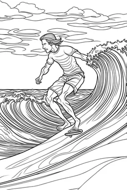 Outline art for coloring page OF A SURFER IN SHORTS RIDING A WAVE IN HAWAII LOOKING AWAY FROM US, coloring page, white background, Sketch style, only use outline, clean line art, white background, no shadows, no shading, no color, clear