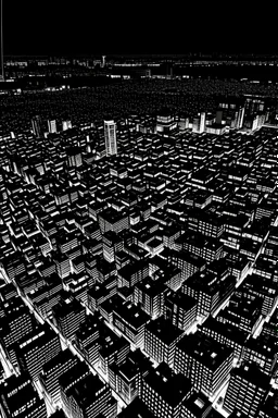 looking down on tokyo at night black and white in the style of hiroku ogai lookin at rooftops rfrom above