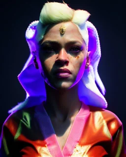 portrait, Shakira, blonde artist, angry, Realistic image, MMA robe, hoodie, mma gloves, fight pose, make-up make-up, gold line make-up, sweat, fog, goddess style, Neon colors, leds. Black background, photo studio, concept art, smooth, unreal engine 5, god lights, ray tracing, RTX, lumen lighting, ultra detail, volumetric lighting, 3d, finely drawn, high definition, 4k.