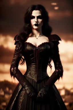 Smirking gothic vampire, waist up portrait, gloomy, 8k resolution, intricate details, ornate details, soft lighting, vibrant colors, retroanime, masterpiece, intricate eyeliner, dark eyeshadow, eyes, intricate tattoos, Medieval background