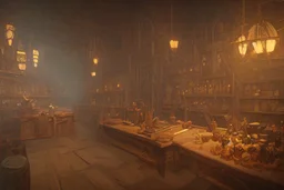 inside of a medieval shop, wooden walls, log pillars, stone bar with shop keeper behind it, magical ingredients on display and weapons on display. people, elves, goblins, orcs, dwarves and lizard folk in room. low lighting and creatures in containers. shelves half empty