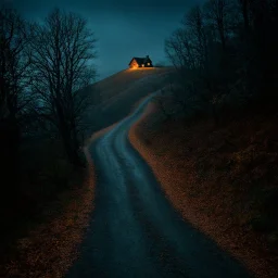 a dark autumn forest, night time ,a long winding road leading up a hill in the distance, with a warm welcoming cottage at the top