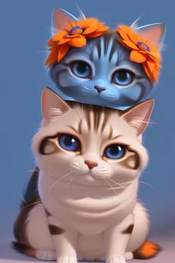 Blue and orange chibi pixar cats with big lifelike eyes and flowers