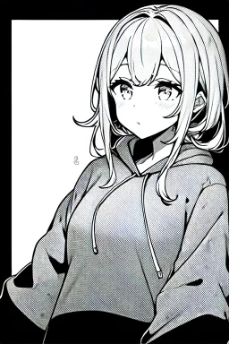 thoughtful girl in a loose sweatshirt, line arts, greyscale,