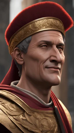 Highly detailed portrait, smiling Julius Caesar, full sized, rtx, unreal engine 5, bright colors, Rome, SPQR, Roman, epic scale