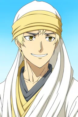"Draw an Arab man anime character in the style of the anime gintama .' The character has blonde hair, light tan skin, wears simple Arab clothing, has beautiful and lively features, is very tall, and exhibits funny expressions."