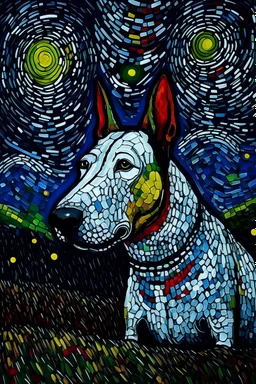 Painting of bull terrier like starry night by van gogh