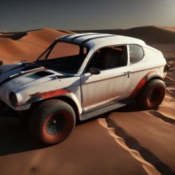 3d rendering. futuristic white black yellow red car. Buried in desert sand. Lost in Time, cinematic lighting