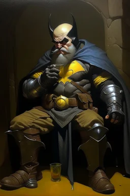 1970's dark fantasy cover dnd style oil painting of the dwarf drunk batman with sport outfits with minimalist far perspective. Magazine.