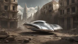 a photorealistic silver spaceship shaped like a sleek car flying over a ruined city