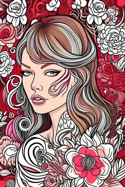 Design a coloring page inspired by Taylor Swift's 'Red' album, incorporating elements that represent the emotions and themes explored in the album's songs. Include imagery such as vibrant red hues, swirling emotions, and symbolic objects like roses, hearts, shattered glass, and tangled strings. Capture the essence of love, passion, heartbreak, and self-discovery depicted in the album's lyrics, creating a dynamic and evocative scene that fans can color and personalize.