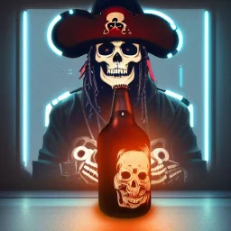 a cyberpunk hacker pirate captain skeleton holding beer with a pirate hat sitting in front of a huge old crt monitor in a dark room , only light coming from crt monitor, highly detailed, intricate, digital art, trending on artstation, trending on cgsociety, by greg rutkowski