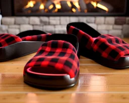 Red plaid slippers, black bearskin rug,log cabin walls, stone fireplace