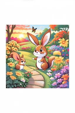 An amazing sunset in the background of a beautiful garden , child book illustration style, view from behind of the bunny, butterfly and squirrel looking at the orange sunset