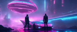secret agents in front of futuristic spaceship on the ground, extreme long shot, hyperrealistic 16k, 3d rendering, expressively detailed, dynamic lightning, rainy day, secret organization, cyberpunk, neon-light,