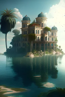 Day time There is a palace on an island surrounded by water