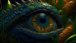 macro shot, close-up of a green tyrannosaurus rex eye, intricate iris, ultrarealistic, eye surrounded by scales, highly detailed, octane render, ray tracing between two 19th century brooklyn brownstone buildings, a surreal small twilight creek-garden, rose-brambles, candle-birds, tiny mystery, tiny magic, serene overcast atmosphere, midnight-blue, cel-shading, cinematic, edge-to-edge print, rendered by studio ghibli, alyssa monks, andreas rocha, david kassan, neil blevins, tuomas korpi, artgerm