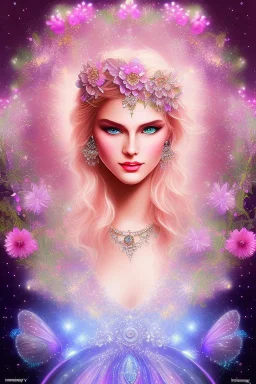 one big crystal subtle flower in a galactic ambiance with a beautiful fairy, transparent petals,