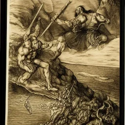 high-angle shot of a [Conan the Barbarian] holing an ((axe)) on a cliff overlooking the sea, monsters in the water by Durer, extremely detailed face, full-body