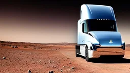 A Tesla semi-truck is racing at top speed, across the 'Cydonia' region, on planet Mars. CINEMATIC. WIDE ANGLE LENS.